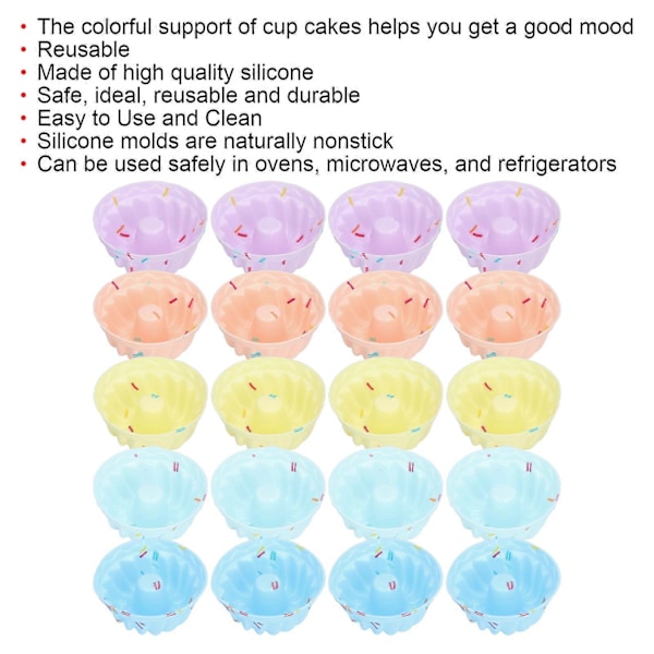 20 stk. Silikone Kageform Bageform, Genanvendelige Mini Cupcake Holdere