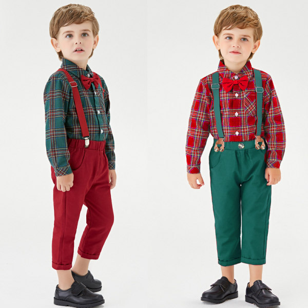Julkläder för barn Nya pojkar Rutig långärmad kavaj bomullskoftoverall Semesterdräkt green Pants 80cm