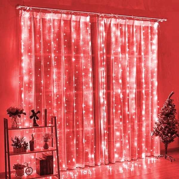 LED Gardin Istapp Lys Jul Lysdekorasjon 3m Fjernkontroll USB Bryllupsgirlander for Soverom Party Hjem 3x3M Red