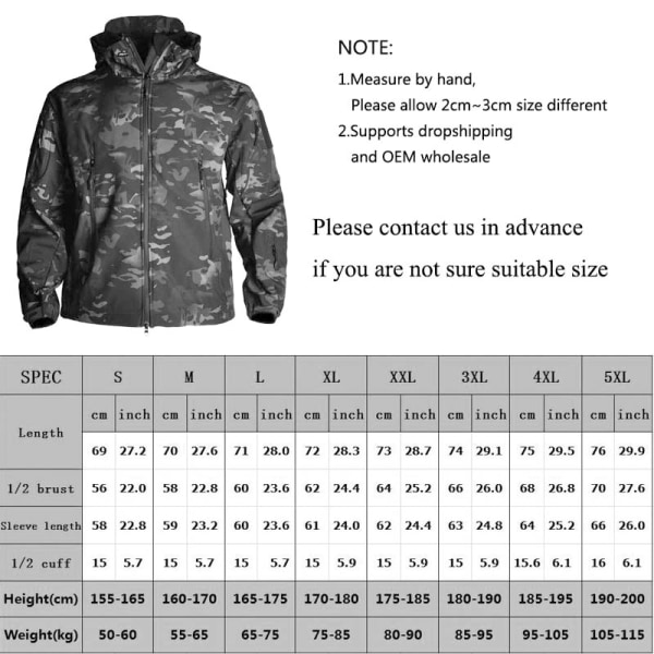 Jakt Jakker Myk Militær Taktisk Jakke Man Combat Vanntett Fleece Herre Klær Multicam Coat Windbreakers Black-Camouflage XXL for 85-95kg