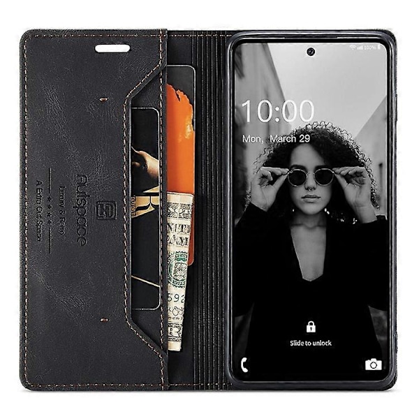 AUTSPACE A01 Serie Kompatibel Med Samsung Galaxy A52 4G/5G/A52s 5G PU Læder Etui RFID Wallet Flip Stand Cover Black
