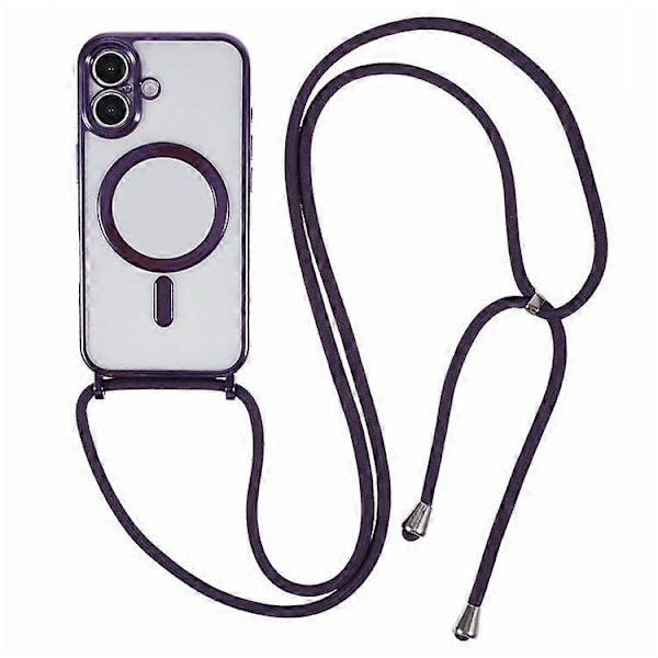 Kompatibelt skal för iPhone 16, kompatibelt med MagSafe, elektropläterad TPU-mobilskydd med långt snöre Purple
