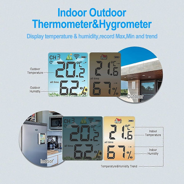 Svart Trådlös Inomhus Utomhus Väderstation, Termometer och Hygrometer Inomhus Utomhus Termometer, Färgglad Bakgrundsbelyst Skärm, Väckarklocka Funktion
