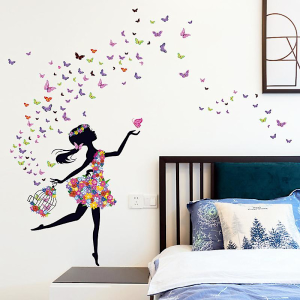 Romantisk Dansende Jente Blomsterfe Sommerfugl Avtakbare Veggklistremerker Dekaler, Barnerom Barnehage DIY Dekorativt Selvklebende Veggklistremerke