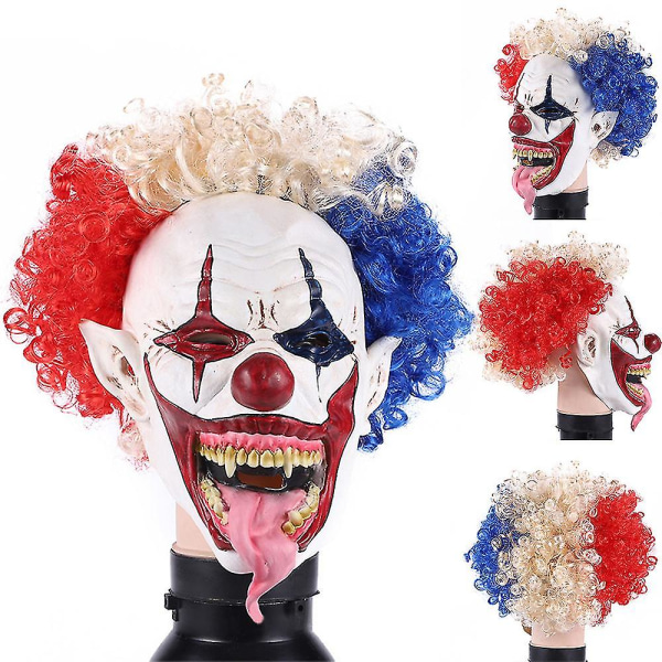 Läskig clown dräktmask Skräckmask färgat lockigt hår Realistisk vuxen latexmask Halloween Cosplay kostym rekvisita
