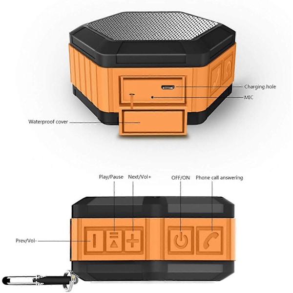 Bärbar Mini Högtalare - Bluetooth Duschhögtalare med Krok - Vattentät Bluetooth Högtalare 12H Speltid för Strand, Pool, Hem, Fest, Orange