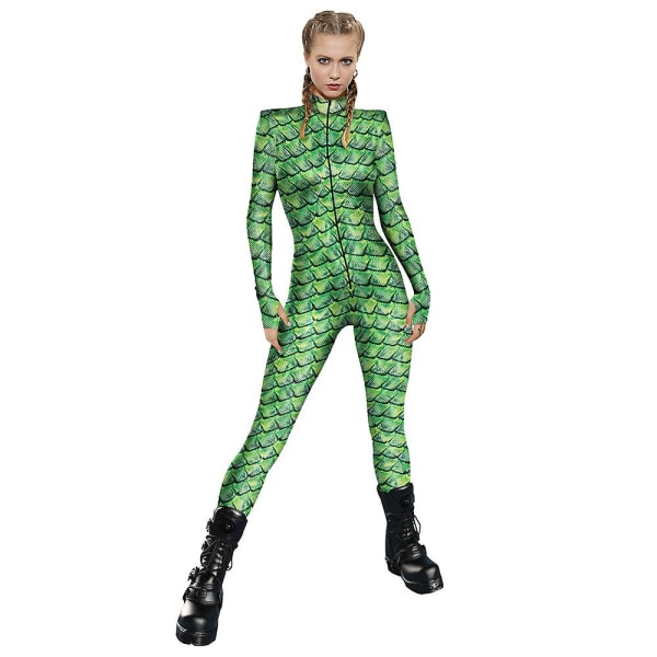 Snake Fish Scales Mønster Skull Cosplay Jumpsuits Trykt Sexy Dame Party Performance Casual Elastisk Streetwear Klær for kvinner L