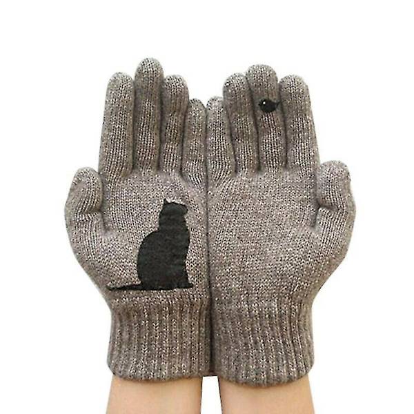 Vinterhandskar för män kvinnor tonåringar söt katt och fågel tryckt termisk stickad Style2