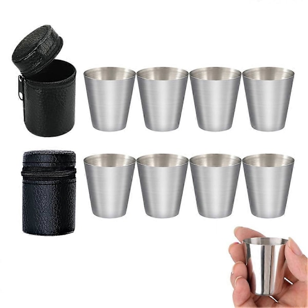 Poleret 30 ml Mini Shotglas i Rustfrit Stål Drikkevinglas med Læderbetræk Taske til