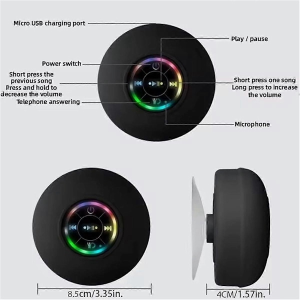 Dusjhøyttaler Mini Bluetooth Dusjhøyttaler Vanntett Mini Bærbar Dusjhøyttaler med LED-lys for Utendørs Høyttaler