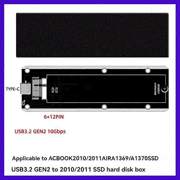 For 2010 2011 Air A1369 A1370 SSD-hus USB3.2 GEN2 til 12+6-pin M.2 SATA SSD-kabinett 6Gbps M2 SSD B