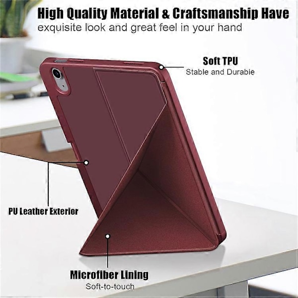 Kompatibel med iPad 10.9 (2022) / iPad 10. generation Origami Stand PU Læder Tablet Case Auto Vågn/Sov Pen Slot Beskyttelsescover WineRed