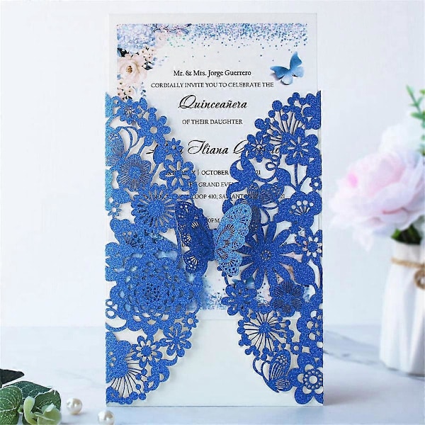 20 Sett Sommerfugl Invitasjonskort Blonde Bryllupsinvitasjoner med Konvolutter (Blå Glitter)