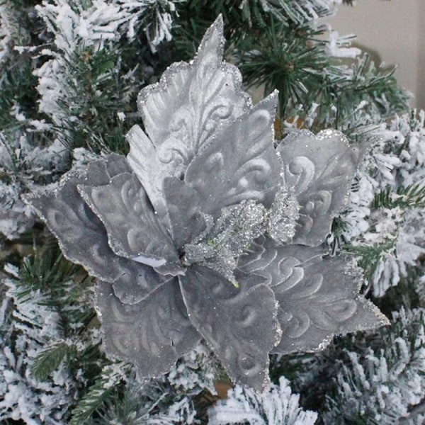 28CM 1/2/3st Stora Konstgjorda Julblommor Glitter Julgransdekoration hem trädgård skola köpcentrum Högtidsevenemang deco 28CM Silver 1pc