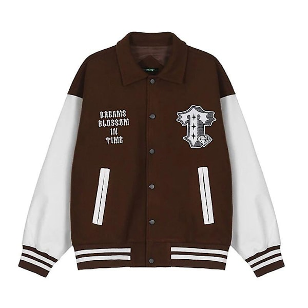 Basebolltröja Läderärmar Brun Bomberjacka Varsity Jacka Broderade Bokstäver XL