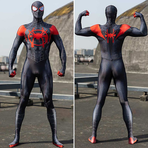 Miles Morales Spiderman Costume Mask Spider Man Miles Morales Cosplay Jumpsuit Body Halloween kostymer för Aldult Kids 3XL