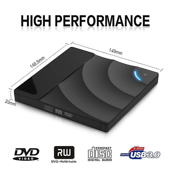 Ulkoinen optinen asema kannettava DVD-soitin, nopea USB 3.0 CD DVD-RW ohut levyasema (sininen)
