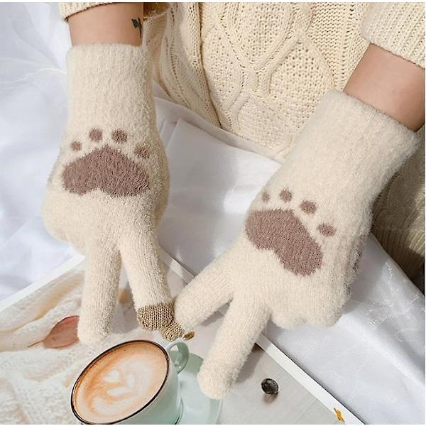 Söta hjärtformade handskar för kvinnor, fluffiga plyschhandskar för vintern beige 2