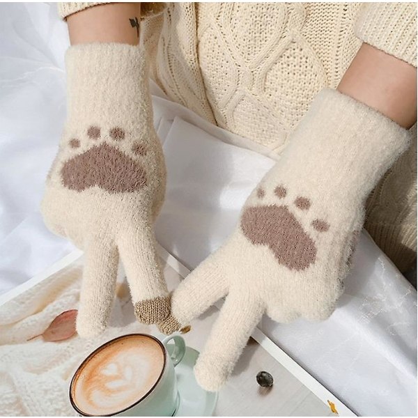 Søte hjertehansker for kvinner, fluffy plysj-hansker for vinteren beige 2