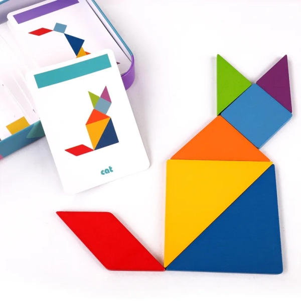 3D Puinen kuvio Eläinpalapeli Värikäs Tangram Lelu Lasten Montessori Varhaiskasvatus Lajittelupelit Lelut Lasten Lahja YZ28-2-With box