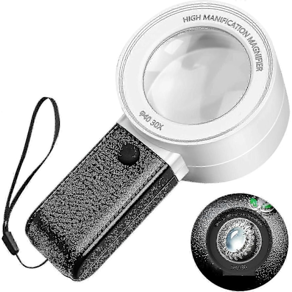 30x Forstørrelsesglass med 3 LED-lys og UV-lys, ripebestandige linser, høy klarhet, håndholdt smykke-forstørrelsesglass for diamanter, juvelerer, mynter
