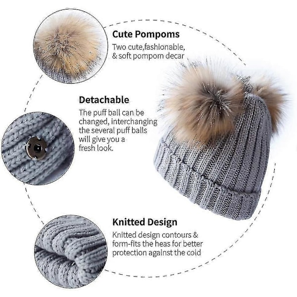 Dame Vinter Dobbelt Pom Pom Hue Fleeceforet Bobble Hat Strikket Kunstpels Pom