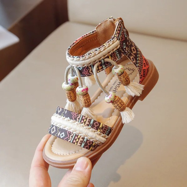 Barnsandaler sommar nya flickor etnisk stil retro strandskor mjuk botten babyskor flickor studentskor Brown 31