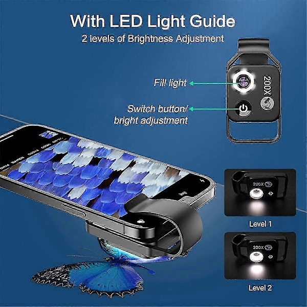 200X Forstørrelses Telefon Mikroskop Linse med LED Lys til iPhone Android Smartphones, Bærbar Makro Kamera Linse