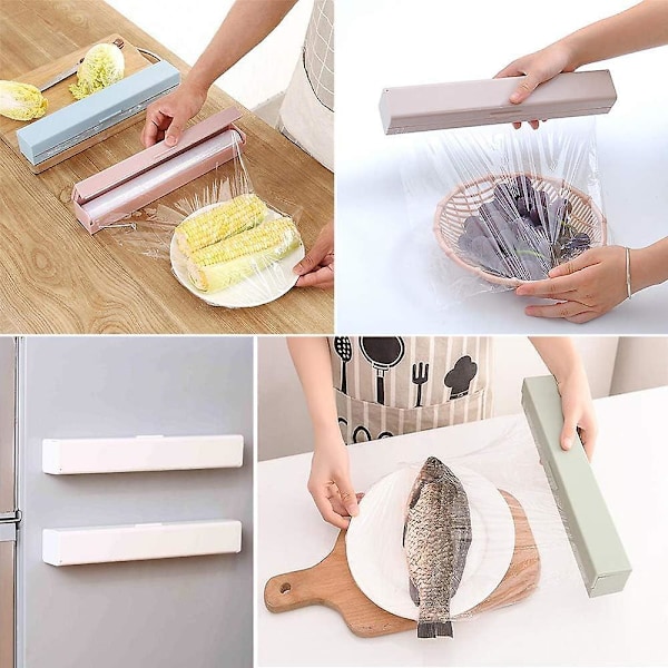 Plastfoliedispenser med påfyllningsbar skärare, plastfoliedispenser, aluminiumfoliedispenser för kök, praktiskt skärverktyg (himmelsblå)
