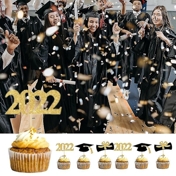12 stk./sett 2022 Vakker Trencher Cap Form Kake Topper Gradueringsstil Dekorativt Papir Kake Topper For Fest Q