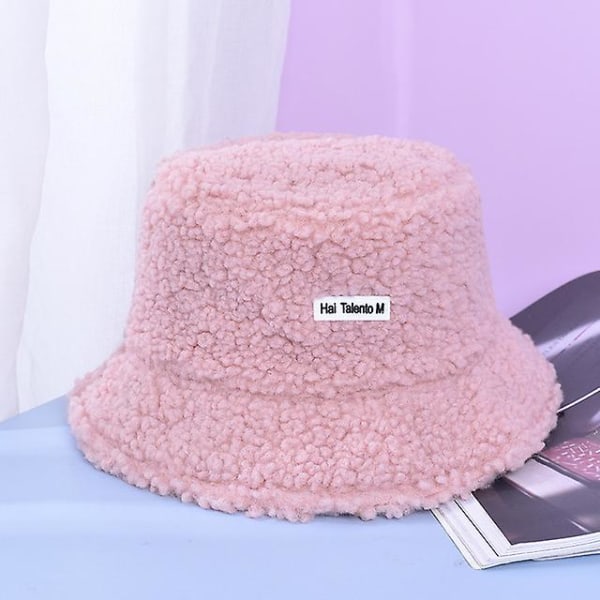 Mode Hip Hop Appa Bucket Hat Lammull Gorros Päls Fiske Appa Bucket Hat Arrow Pläd Panama Vinter Varm hatt Cap för kvinnor pink1