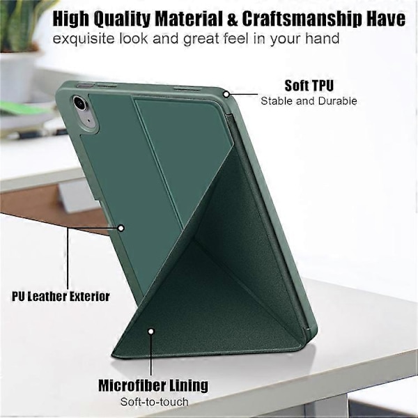 Kompatibel med iPad 10.9 (2022) / iPad 10. generation Origami Stand PU Læder Tablet Case Auto Vågn/Sov Pen Slot Beskyttelsescover DarkGreen