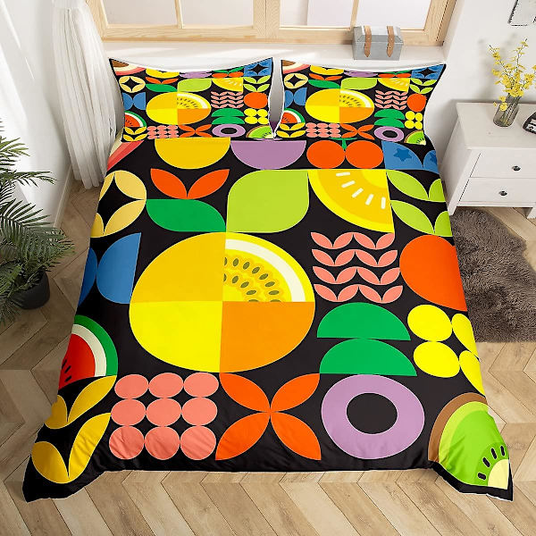 Gult Citron Kung Drottning Påslakan Tecknade Frukter Akvarell Sängkläder Set Färgglada Körsbärsblad Geometri Polyester Täcke
