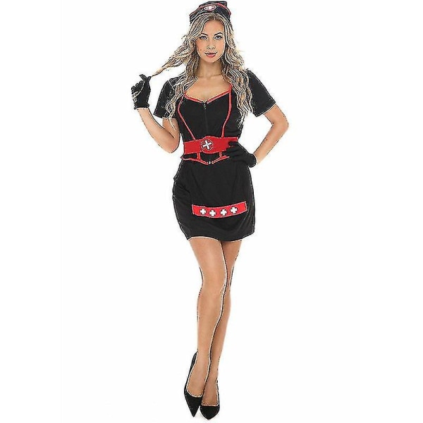 Sexiga kvinnor Hjärtstopp Mörk sjuksköterska Kostym Cosplay Uniform Svart Röd Topp Kjol Set Halloween Rollspel Fancy Dress L