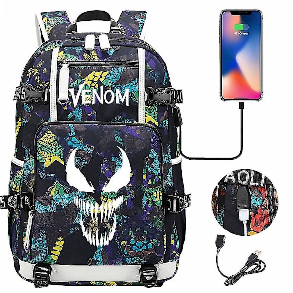 Venom Fashion Trykt USB Skoletaske til Unge (2-108) Color-4