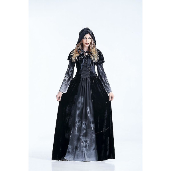 Halloween Karnevaali Pääkalloprintti Pitkä Mekko Noidankuningatar Asu Korkealaatuinen 2XL