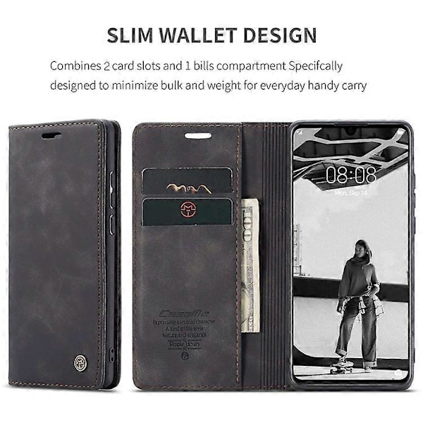 CASEME 013-serien Kompatibel med Huawei P30 Stötsäkert PU Läder Ställ Skydd Anti-repa Plånboksfodral Black