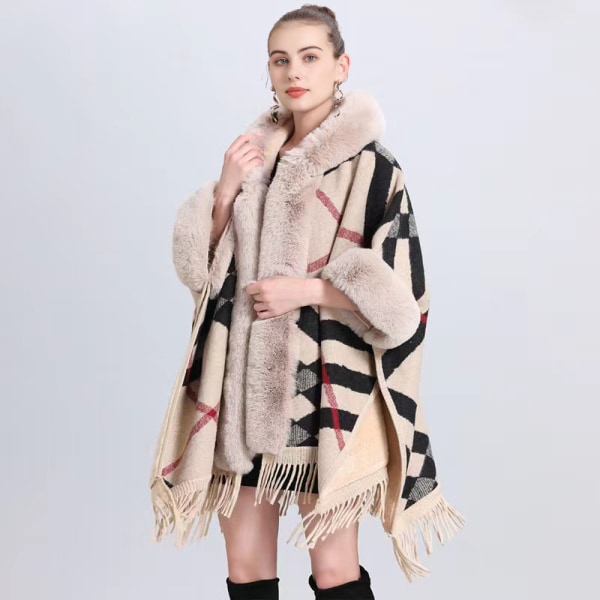 Efterår og vinter moderigtigt kappe sjal plus fløjls fortykket pelskrave plaid hætte kvast strikket sjal cape Khaki plus velvet 80-100cm