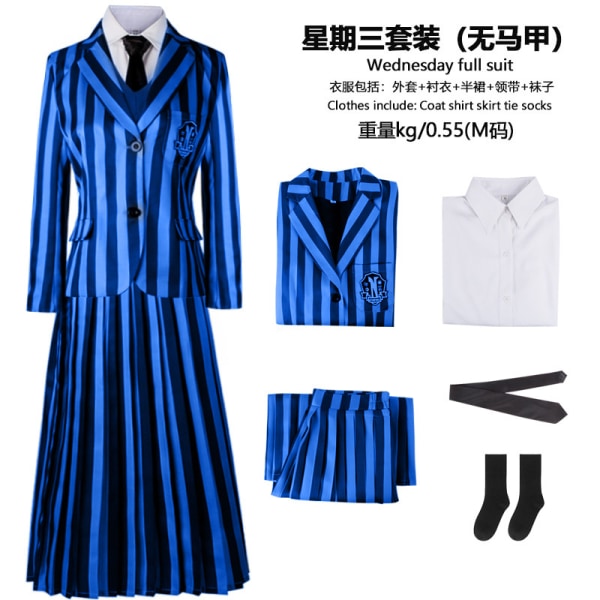 Addams Family cos kostym Halloween Onsdag Addams svart klänning tryckt kjol cosplay kostym Blue XXXL