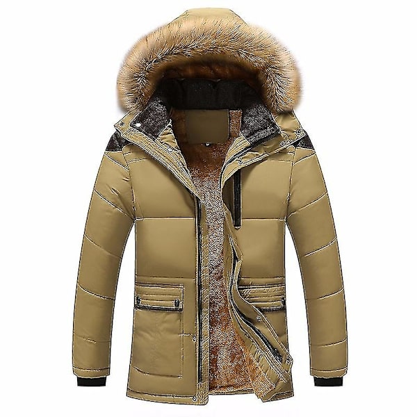 Vinterfortykket Varm Parka Herre Fleece Hætte Herre Vinterjakke Frakke Arbejdstøj Jakke Fløjlsfrakke Khaki L