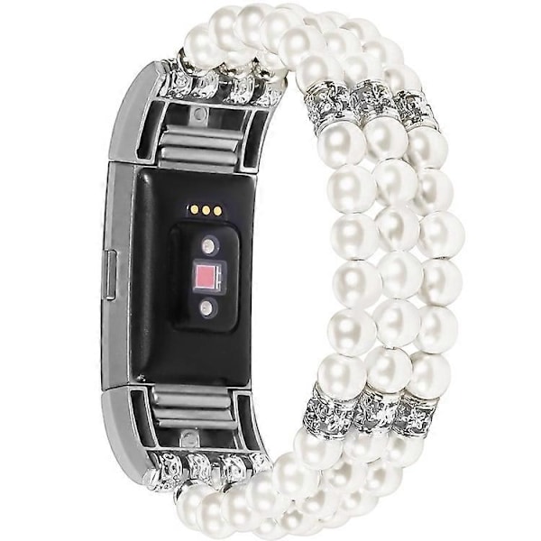 Kompatibel för Fitbit Charge 3/4 Tre Rader Stilfullt Pärlarmband Ersättningsarmband White