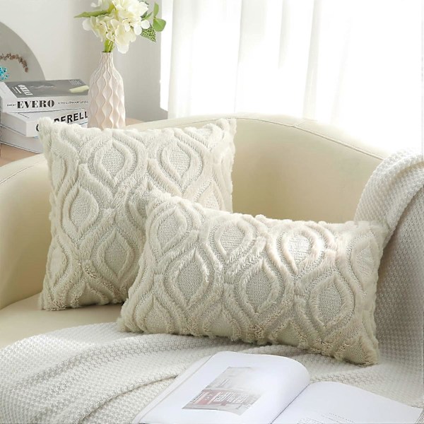 Set med 2 Fuskpäls Kuddfodral 45x45 cm, Dekorativa Mjuka Plyschiga Sammets Kuddfodral 18X18 Tum, Fyrkantig Boho Neutral, för Soffa, beige