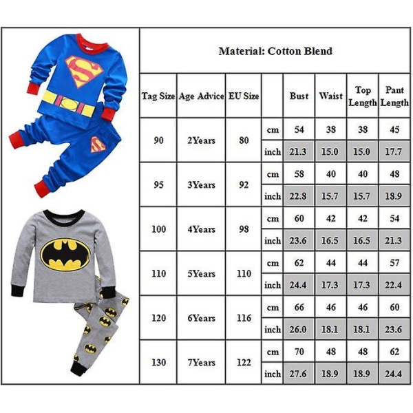 Superhero Kids Boys Spiderman Superman Pyjamas Pyjamasetti Set Grey Yellow Batman 3 Years