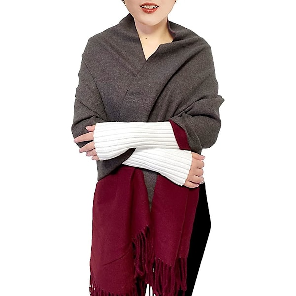 Rød+grå) Dame Kasjmir Skjerf Vinter Reversibel Pashmina Langt Stort Tykt Varmt Skjerf Med Dusker For Bryllupsgave