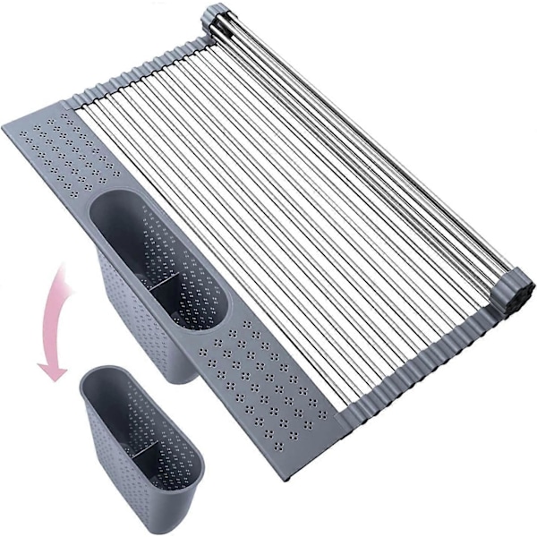 Opprullbar oppvaskstativ over vasken, kjøkken, opprullbart oppvaskstativ i rustfritt stål, sammenleggbar vaskematte [Lysegrå, 17,4\"x 15,2\"