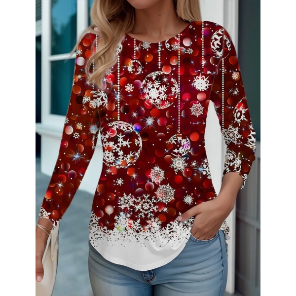 Ny dame T-skjorte Juletre Print T-skjorter Topper Langermet Casual Topper Mote Rund Hals Normal Passform Y2K Klær For Jenter CTZH231026SDB44 XL