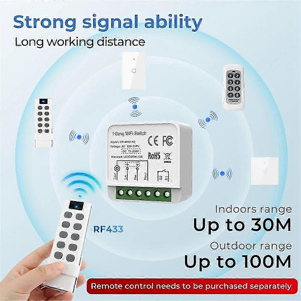 Smart Switch Modul med WiFi RF433 Fjernbetjening, Mini Afbryderrelæ til Hjemmeautomatisering DIY
