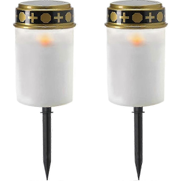 Solcelle gravlys med automatisk av/på, realistisk flimrende LED-lys for minnesmerker 2 X D-white With Ground Spike