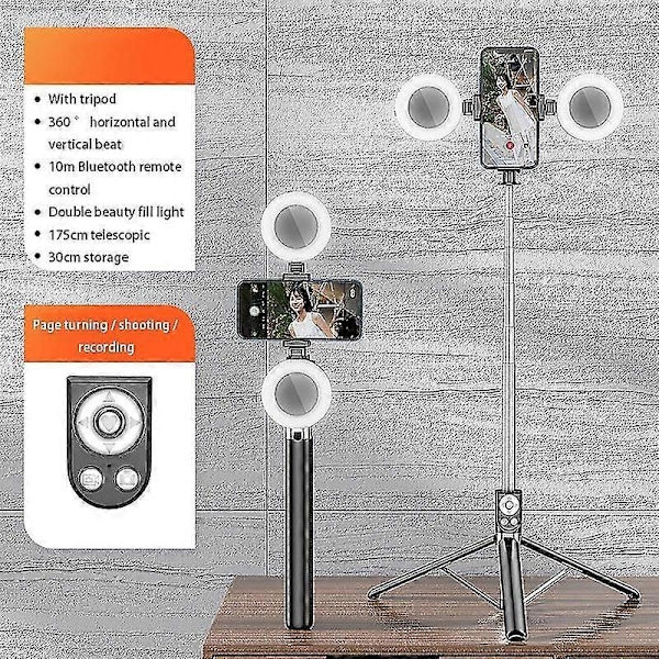 R17DS 1,75 m Bærbar Bluetooth Selfie Stick Udtrækkeligt Tripod Telefonstativ med Dobbelte Udfyldningslys 360 Black