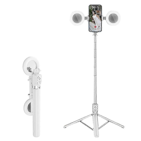 R17DS 1,75 m Bærbar Bluetooth Selfie Stick Udtrækkeligt Tripod Telefonstativ med Dobbelte Udfyldningslys 360 White